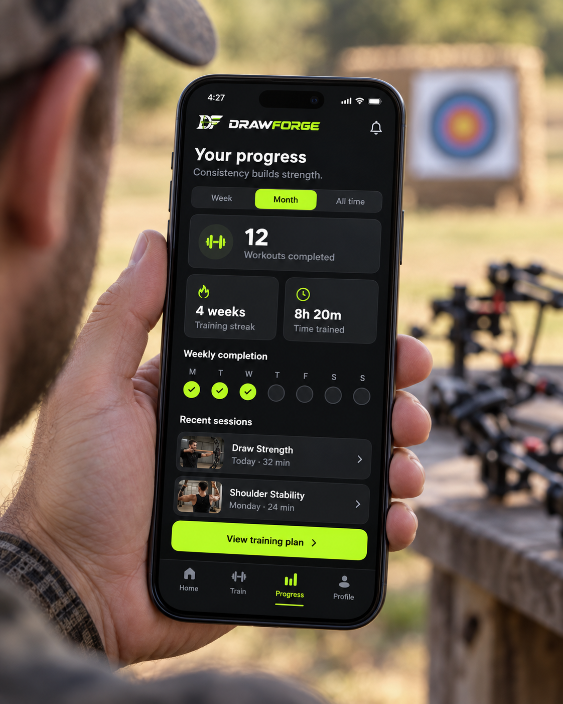 Preview of the DrawForge app showing workout progress tracked on a phone at an archery range